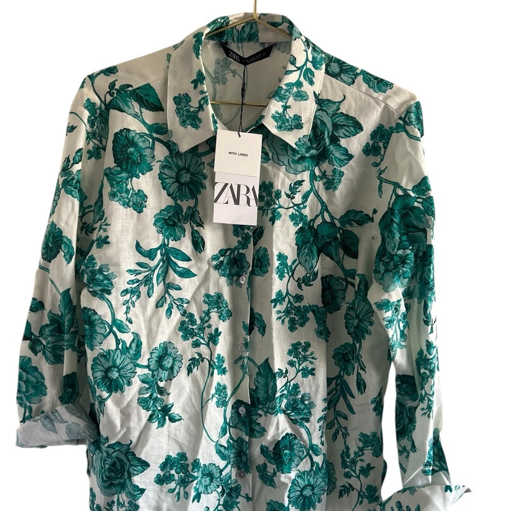 ZARA Teal Floral Linen Button-Down Shirt